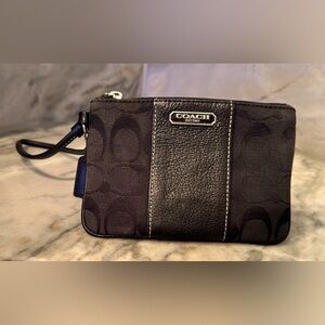 Coach Signature C Black on Black Canvas Leather Zip Top Wristlet Purple Lining